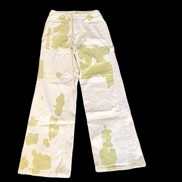 Cream with green tie-dye painter, pants jeans. High waisted, wide leg size 26. - Picture 2 of 14